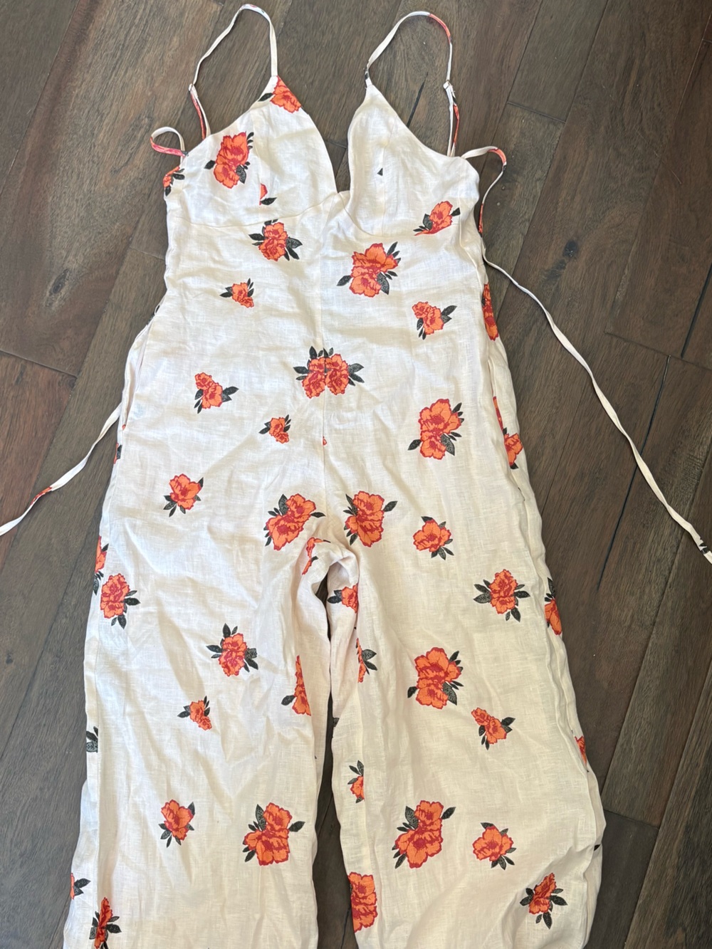 Floral Linen-Blend Spaghetti Strap Jumpsuit - White with Orange Floral